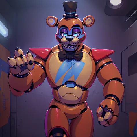 (masterpiece), ((perfect anatomy)), (high res), (4k), bear, buff, strong, blue eyes, wide shoulders, (robot), (animatronic), hap...