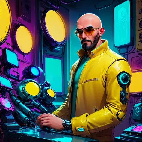 one  men, 30years, without hair, bald man with brown beard, athletic body, wearing yellow leather jacket with blue neon, blue le...