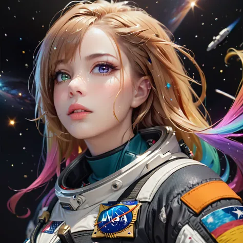 perfect eyes, Zoe, Heterochromia, astronaut, beautiful detailed eyes, beautiful detailed lips, extremely detailed eyes and face, long eyelashes, 1girl, astronaut, heterochromia, space, beautiful stars, beautiful galaxies, (best quality,4k,8k,highres,master...