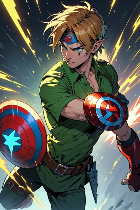 Create 2d sprites of a hero to place in a video game, at various angles, he will be a mix of Captain America from Marvel Comics with Link from the game series The Legend Of Zelda, he uses long sword and shield, He has a mysterious mark on his arm that turn...