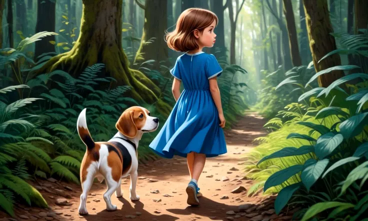 Draw a young girl with brown hair and a blue dress. She is following a trail in the dense forest with a look of curiosity. Next to her is a brown and white beagle.