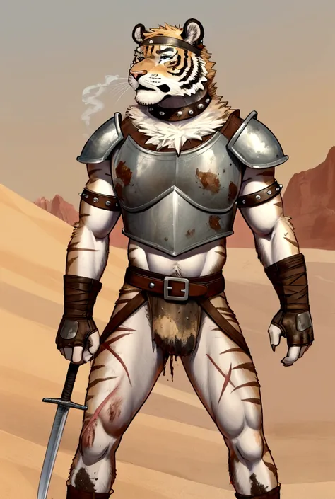 Solo Sexy anthro furry tiger desert slave ancient gladiator, slim endomorph muscular handsone model male apperance, headband, sword scars, worn out leather skimpy armament, low on hips heavy leather belt, old very worn out skimpy dirty linen material jocks...