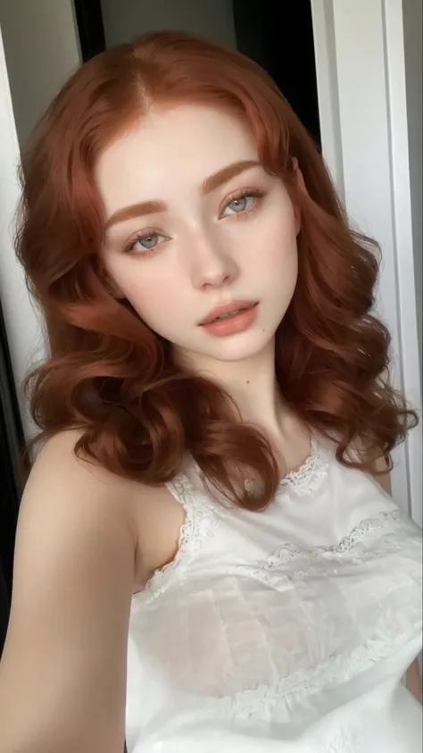 there is a woman with red hair and a white shirt, 🤤 girl portrait, pale and light skin!!, with pale skin, 19 year old girl, Perfect face ), Portrait Sophie Mudd, 18 years, Anna Nikonova aka Newmilky, beautiful delicate face, pale skin curly blonde hair, le...