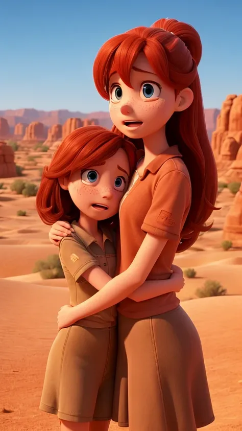 2 girls, redheads, (new), sobbing, desert landscape.