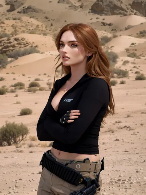 Arafed woman wearing black top and tan pants standing in the desert., Sofia Turner, waist - shot, Sofia Turner girl, an imperial agent from star wars, mara jade, Olya Bossak, Mara Jade Skywalker, photograph of a woman in technological clothing, Kim Possibl...