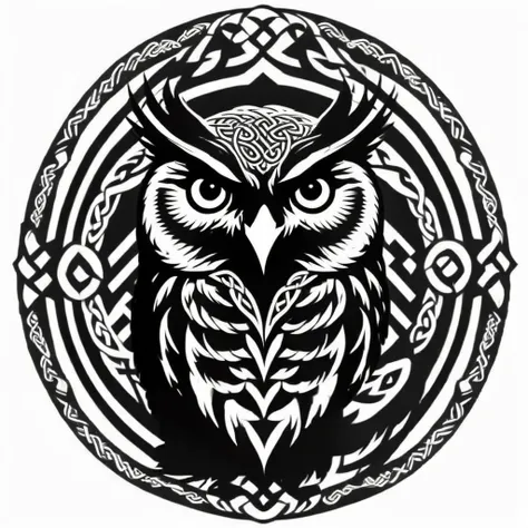 celtic style, tribal style, norse style, raven, owl, black and white