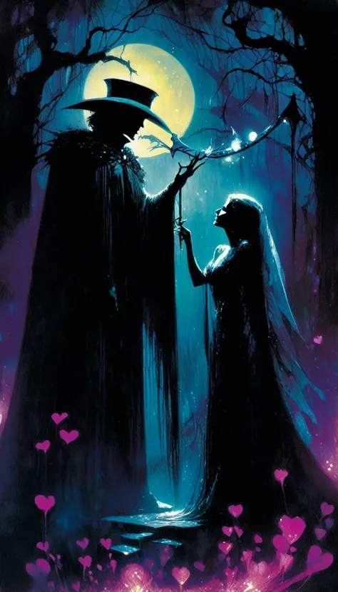 love and death, magic, dark, fantasy, night, inspired by Bill Sienkiewicz
