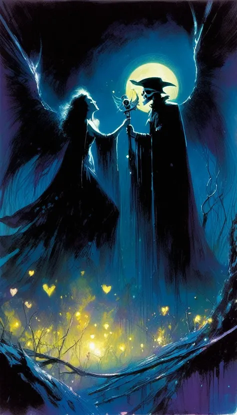 love and death, magic, dark, fantasy, night, inspired by Bill Sienkiewicz
