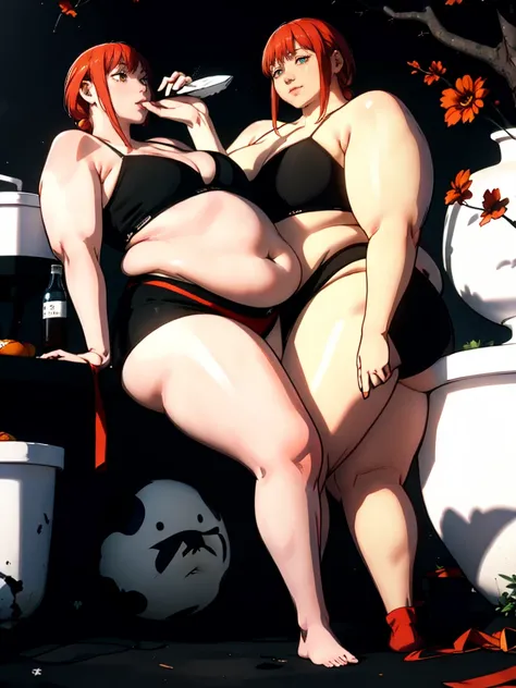 Le personnage Makima de la série animée Chainsaw Man, fragile, obésité morbide, ssbbw, pleine longueur (corps entier 1.1.), fond sombre, obscurité, anatomie correcte 1.1, anatomie correcte de la main, Très féminin, corps gras et rond, grosses Jambes, fesse...