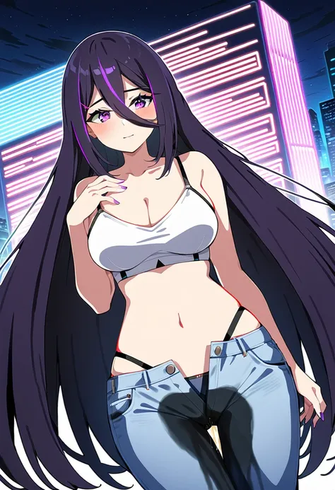 (masterpiece:1.37), best quality, (extremely detailed:1.37), woman, mature, adult, (very long hair:1.5), dark purple hair, purple eyes, (extremely detailed eyes:1.37), crop top, cleavage, navel, jeans, open fly, desperation, (wetting: self 3.0), standing, ...