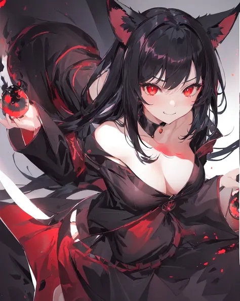 1girl, black hair, neko ears, red eyes, playing with her loose clothes, bare shoulders, blood, light particles, light rays, wallpaper, high contrast, colorful, black cat tail, sexy cat pose with a pow up, scenery, anime, smirk