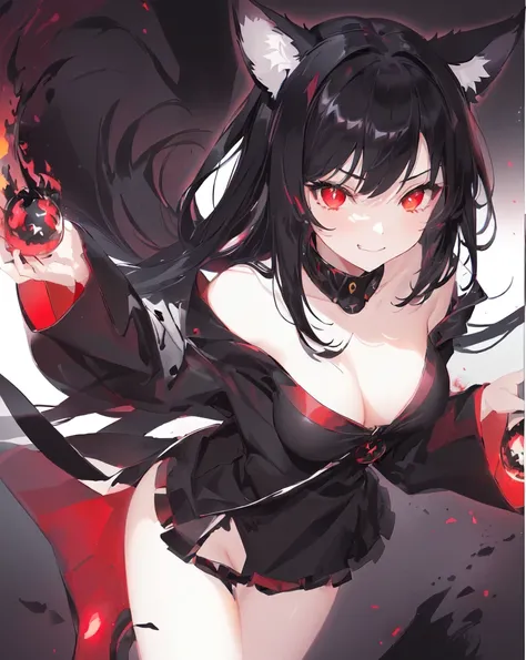 1girl, black hair, neko ears, red eyes, playing with her loose clothes, bare shoulders, blood, light particles, light rays, wallpaper, high contrast, colorful, black cat tail, sexy cat pose with a pow up, scenery, anime, smirk