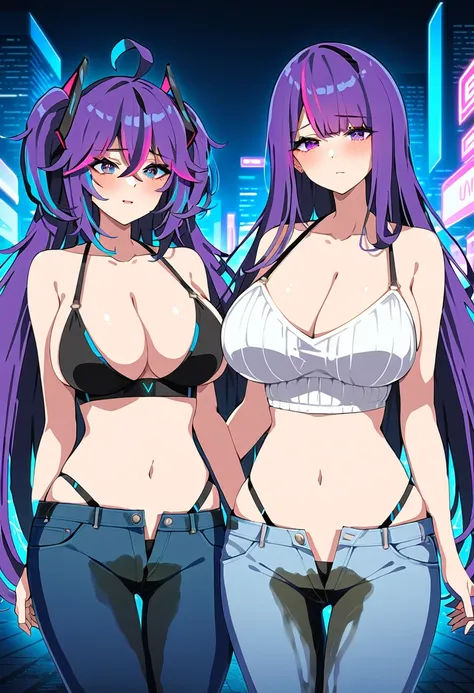 (masterpiece:1.37), best quality, (extremely detailed:1.37), woman, mature, adult, large breasts, very long hair, dark purple hair, purple eyes, (extremely detailed eyes:1.37), crop top, cleavage, navel, jeans, open fly, desperation, (wetting: self 3.0), s...