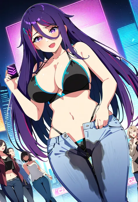 (masterpiece:1.37), best quality, (extremely detailed:1.37), woman, mature, adult, large breasts, very long hair, dark purple hair, purple eyes, (extremely detailed eyes:1.37), crop top, cleavage, navel, jeans, open fly, desperation, (wetting: self 3.0), s...