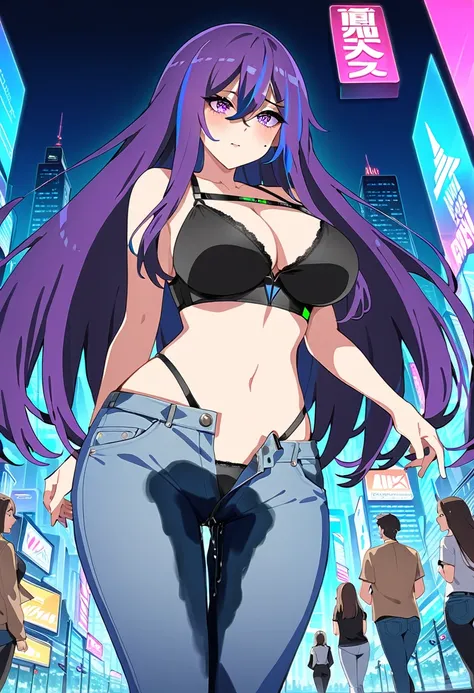 (masterpiece:1.37), best quality, (extremely detailed:1.37), woman, mature, adult, large breasts, (very long hair:1.25), dark purple hair, purple eyes, (extremely detailed eyes:1.37), crop top, cleavage, navel, jeans, open fly, desperation, (wetting: self ...