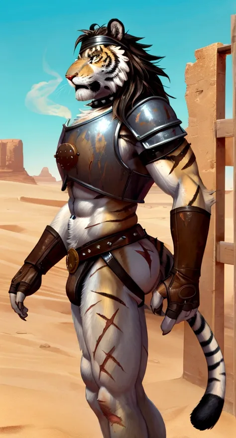 Solo Sexy anthro furry tiger desert slave ancient gladiator, slim endomorph muscular handsone model male apperance, headband, sword scars, worn out leather skimpy armament, low on hips heavy leather belt, old very worn out skimpy dirty linen material jocks...