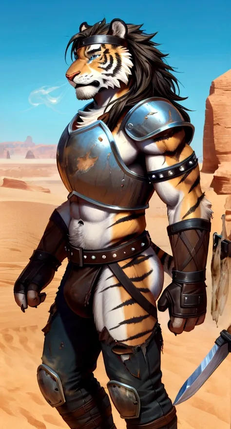 Solo Sexy anthro furry tiger desert slave ancient gladiator, slim endomorph muscular handsone model male apperance, headband, sword scars, worn out leather skimpy armament, low on hips heavy leather belt, old very worn out skimpy dirty linen material jocks...