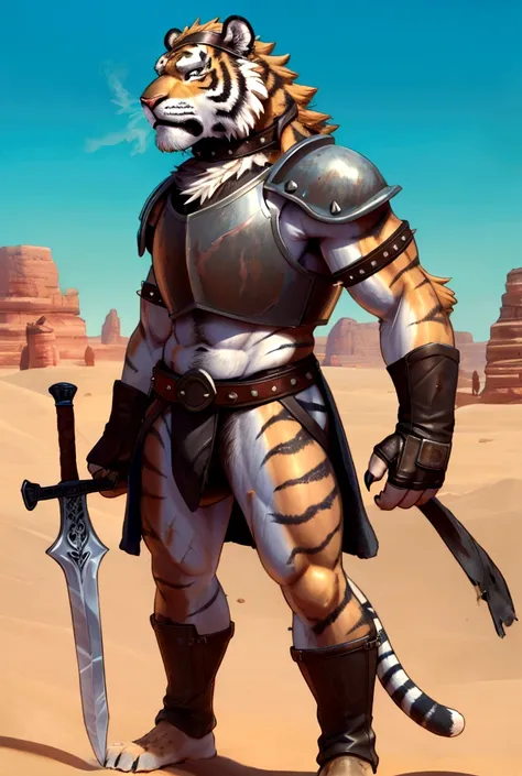 solo sexy anthro furry tiger desert slave ancient gladiator, slim endomorph muscular handsone model male apperance, headband, sw...