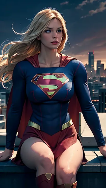 supergirl, sitting on a rooftop building, lost in deep thought, looking at the city, perfect eye, beautiful highly detailed eyes...