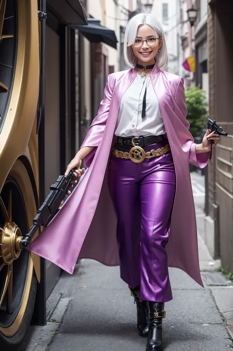 A woman thief ,with white hair, glasses with wheel lenses ,with a smile and a gold tooth , pink blouse ,and a purple cloak ,a black belt , green pants black boots and a gun 