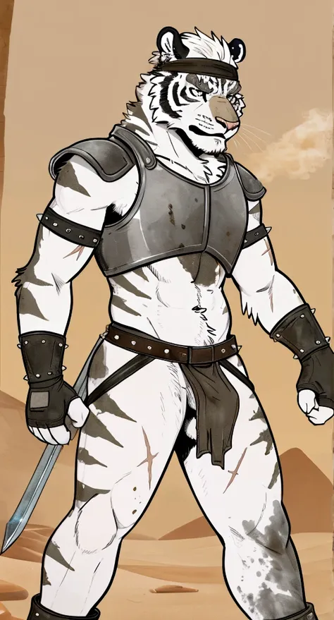 Solo Sexy anthro furry tiger desert slave ancient gladiator, slim endomorph muscular handsone model male apperance, headband, sword scars, worn out leather skimpy armament, low on hips heavy leather belt, old very worn out skimpy dirty linen material jocks...