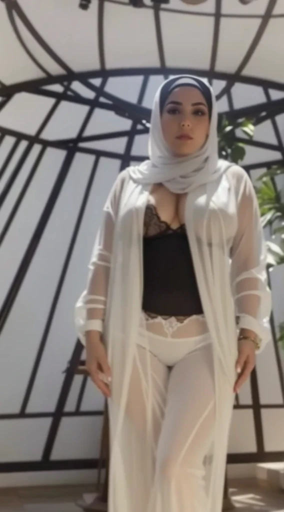 Rear view wearing lingerie and a full white hijab. Nude and large breasts, full lingerie