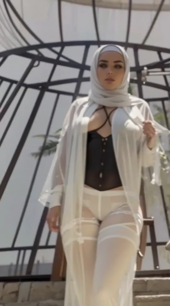 Rear view wearing lingerie and a full white hijab. Nude and large breasts, full lingerie