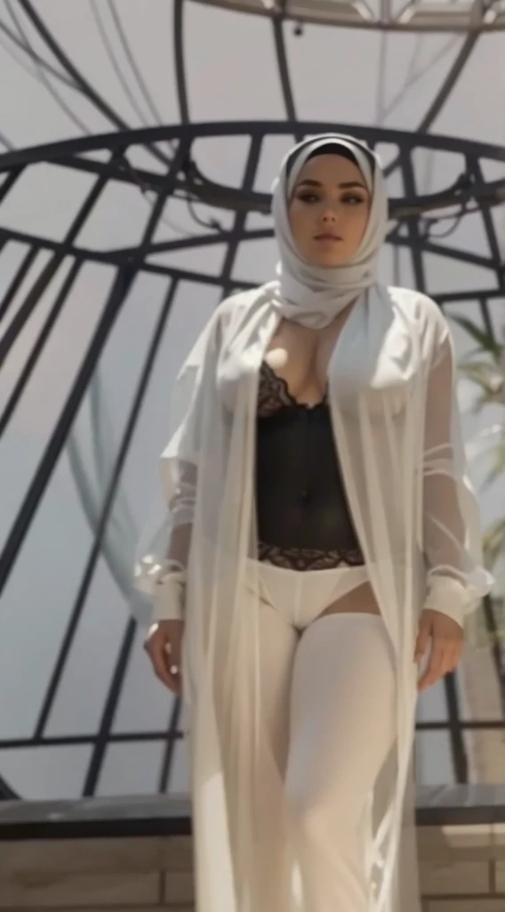 Rear view wearing lingerie and a full white hijab. Nude and large breasts, full lingerie