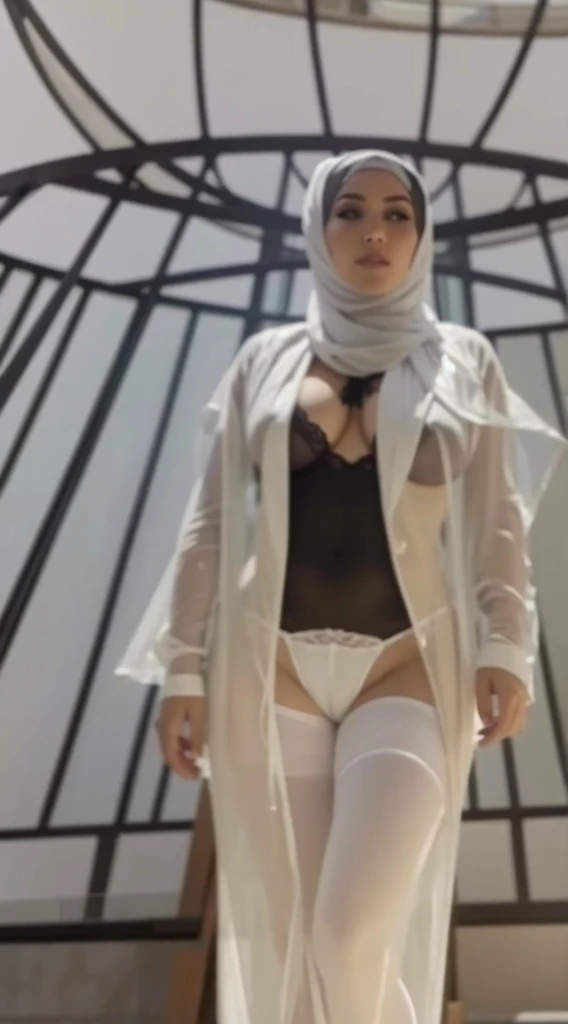 Rear view wearing lingerie and a full white hijab. Nude and large breasts, full lingerie