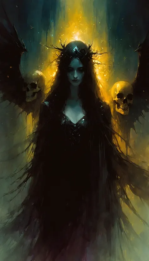 love and death, magic, dark, fantasy, night, inspired by Bill Sienkiewicz
