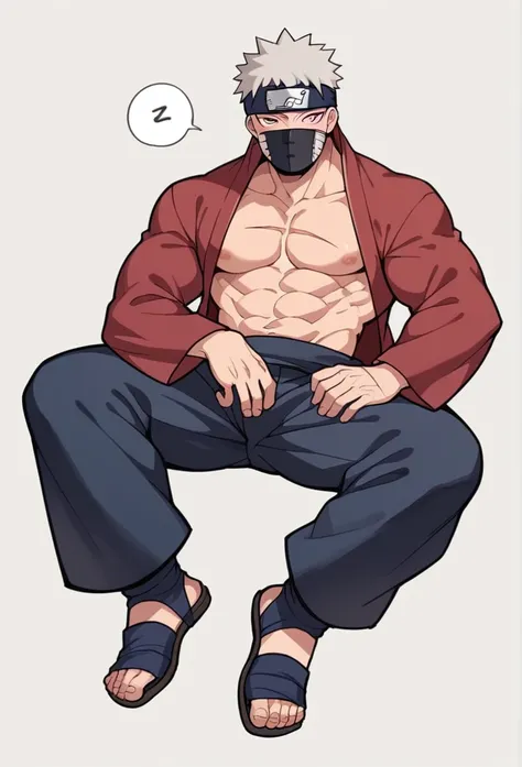 make a picture of a 1boy, kakashi, kakashi(naruto_series), grey hair, covered mouth, mouth mask, black eye, scar across eye, forehead protector, muscular, no shirt, hot male, sleeping eyes, looking at viewer, full body, black background