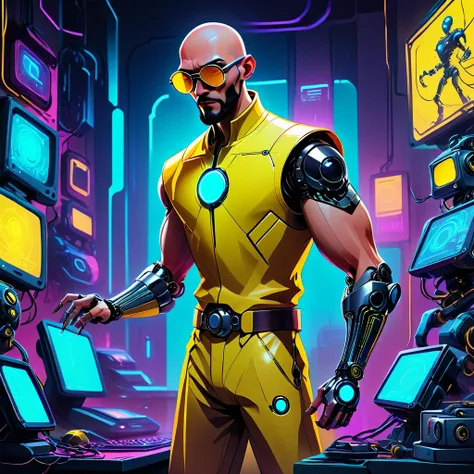 one  men, 30years, without hair, bald man with brown beard, athletic body, wearing yellow leather jacket with blue neon, sunglasses with blue lens, robotic arm implants, connected limbs, in his bedroom, using a computer to hack, futuristic atmosphere, nigh...