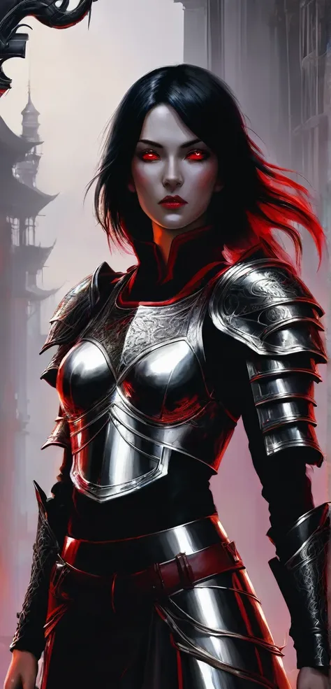 A beautiful woman with black hair and red eyes she is sinister and dangerous with silver armor 