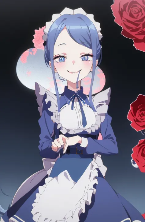 1girl, cowboy shot, 
 maid,  thighhighs,, masterpiece, best quality, highly detailed,((blue hair)),((frilled mini skirt)),white maid clothes,((evil smile)),((blue hair)),