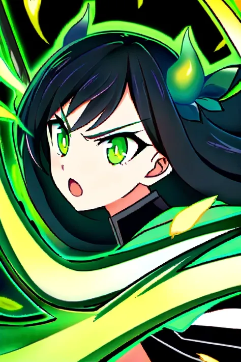 score_9, score_8_up, score_7_up, score_6_up, score_5_up, score_4_up, source_anime, solo,close up,slashing,fighting stance,black hair, long hair,green eyes,white pupils, medium breasts,(black with plant design haori),green coat, demon slayer uniform, black ...