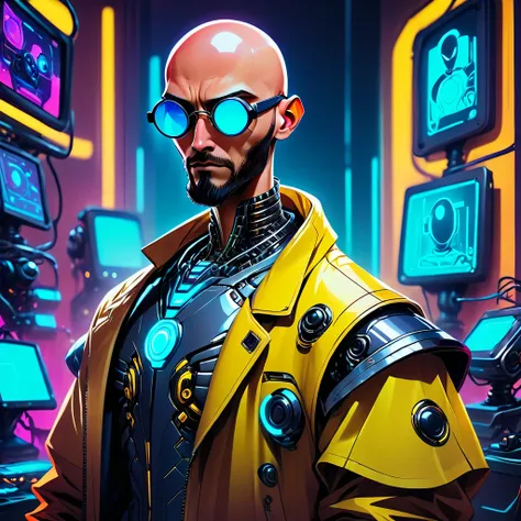 one  men, 30years, without hair, bald man with brown beard, athletic body, wearing yellow leather jacket with blue neon, sunglasses with blue lens, robotic arm implants, connected limbs, in his bedroom, using a computer to hack, futuristic atmosphere, nigh...