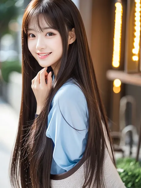 A young Korean adult of 24 with a cheerful and captivating appearance. Her hair is long and straight, highlighting her beauty and shine in dark colors. 
Her face is hexagonal, and her eyes are large and expressive, carrying a captivating expression of sinc...