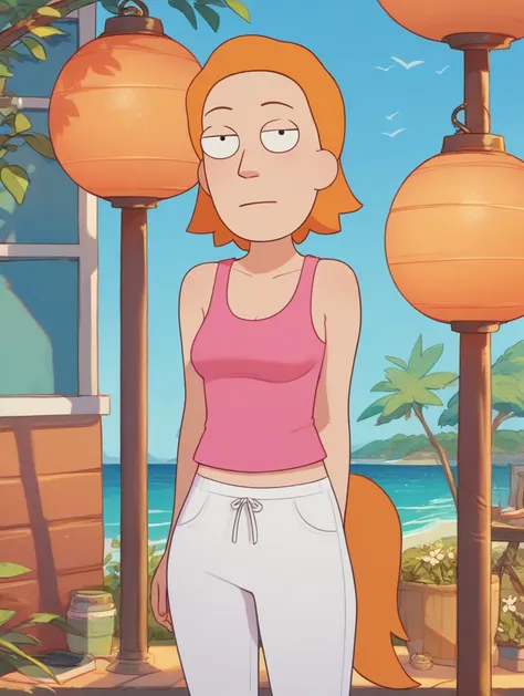 summer smith, horse tail, orange hair, white pants, pink tank top,