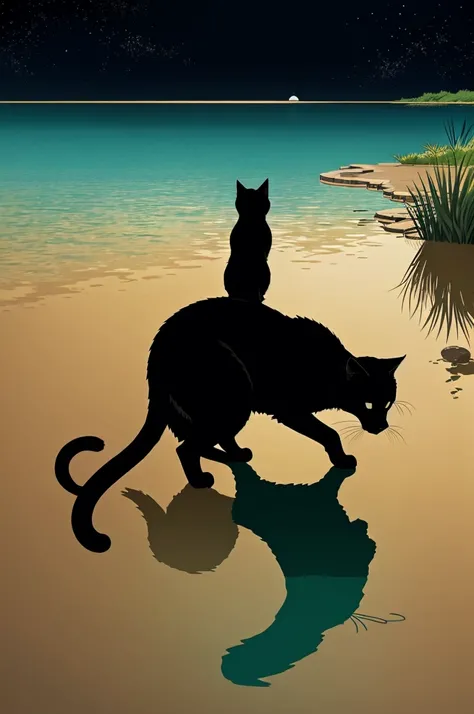 In the anime studio ghibli style, make a beige cat looking towards a lagoon so that only its back and silhouette can be seen., The lagoon has to be black and the environment has to be dark colors.