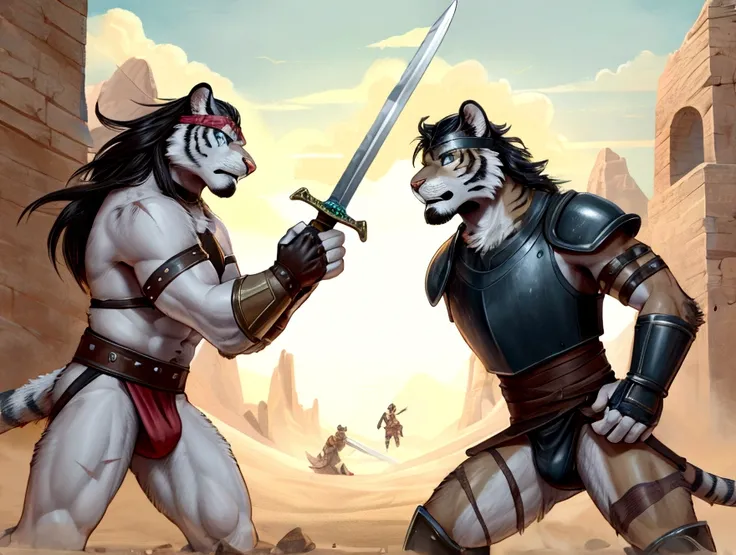 Sword fight of two Sexy anthro furry tigers desert slaves ancient gladiators, Both looks the same - slim endomorph muscular handsome model male apperance, headband, sword scars, worn out leather skimpy armament, low on hips heavy leather belt, old very wor...