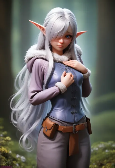 ((Best Quality)), (Masterpiece)), (Details: 1.4), Absurd Resolution, High Resolution, (Masterpiece: 1.4), Ultra Detailed, detailed gnome girl with pale skin, short stature, very long waist length silver hair that curls at the ends, covering one eye, with s...