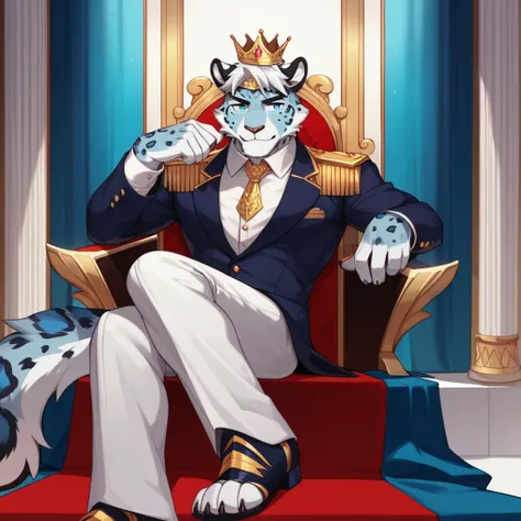 Score_9, score_8_up, score_7_up, source_cartoon, Anthro male, A blue eyed snow leopard,white hair, wearing silver kings armor, crown, sitting on a. Elegant throne, in a throne room, epic sitting pose, resting head on one hand,