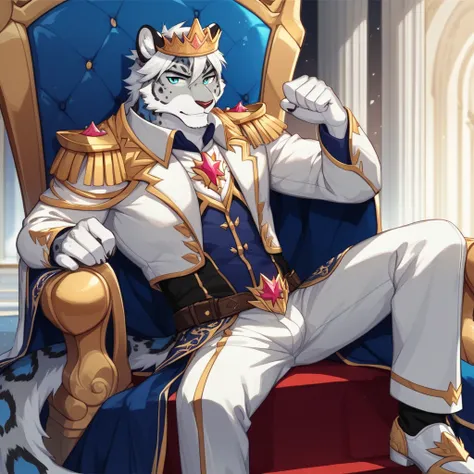 Score_9, score_8_up, score_7_up, source_cartoon, Anthro male, A blue eyed snow leopard,white hair, wearing silver kings armor, crown, sitting on a. Elegant throne, in a throne room, epic sitting pose, resting head on one hand,