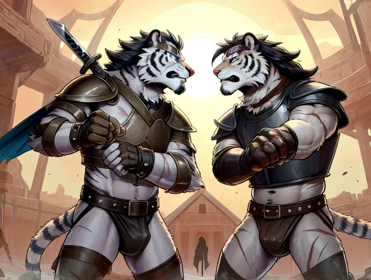 Sword fight of two Sexy anthro furry tigers desert slaves ancient gladiators, Both looks the same - slim endomorph muscular handsome model male apperance, headband, sword scars, worn out leather skimpy armament, low on hips heavy leather belt, old very wor...