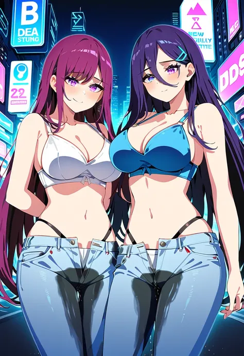 (masterpiece:1.37), best quality, (extremely detailed:1.37), woman, mature, adult, large breasts, very long hair, dark purple hair, purple eyes, (extremely detailed eyes:1.37), crop top, cleavage, navel, jeans, open fly, desperation, (wetting: self 3.0), s...