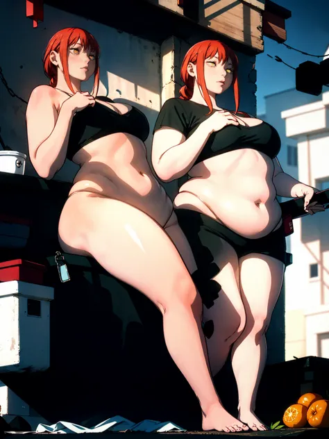 Le personnage Makima de la série animée Chainsaw Man, fragile, obésité morbide, ssbbw, pleine longueur (corps entier 1.1.), fond sombre, obscurité, anatomie correcte 1.1, anatomie correcte de la main, Très féminin, corps gras et rond, grosses Jambes, fesse...