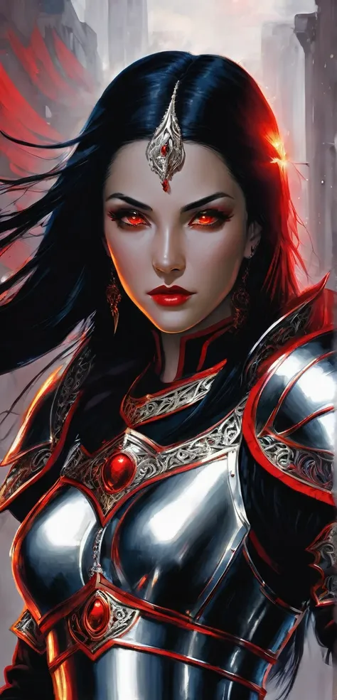 A beautiful woman with black hair and red eyes dangerous with silver armor 