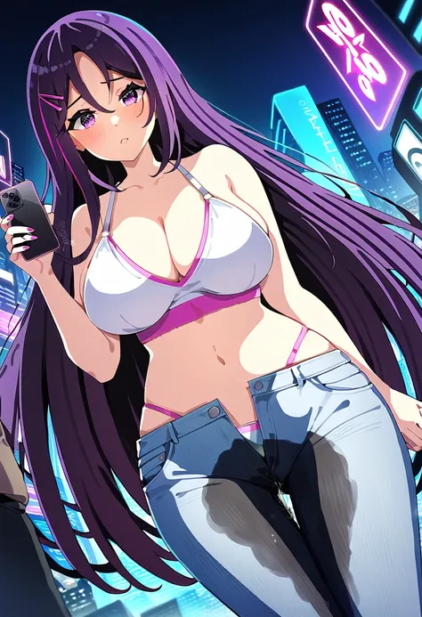 (masterpiece:1.37), best quality, (extremely detailed:1.37), woman, mature, adult, large breasts, very long hair, dark purple hair, purple eyes, (extremely detailed eyes:1.37), crop top, cleavage, navel, jeans, open fly, groin, desperation, (wetting: self ...