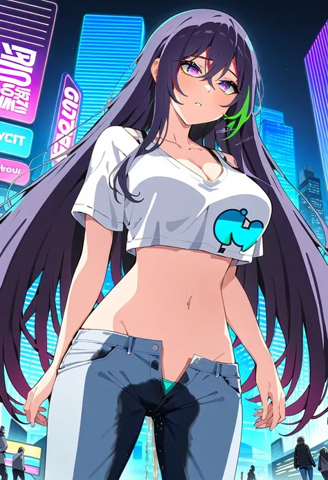 (masterpiece:1.37), best quality, (extremely detailed:1.37), woman, mature, adult, large breasts, very long hair, dark purple hair, purple eyes, (extremely detailed eyes:1.37), crop top, cleavage, navel, jeans, open fly, (groin:1.25), desperation, (wetting...