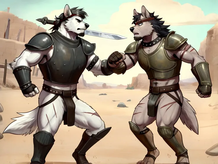 Sword fight of two Sexy anthro furry wolfes desert slaves ancient gladiators, Both looks the same - slim endomorph muscular handsome model male apperance, headband, sword scars, worn out leather skimpy armament, low on hips heavy leather belt, old very wor...